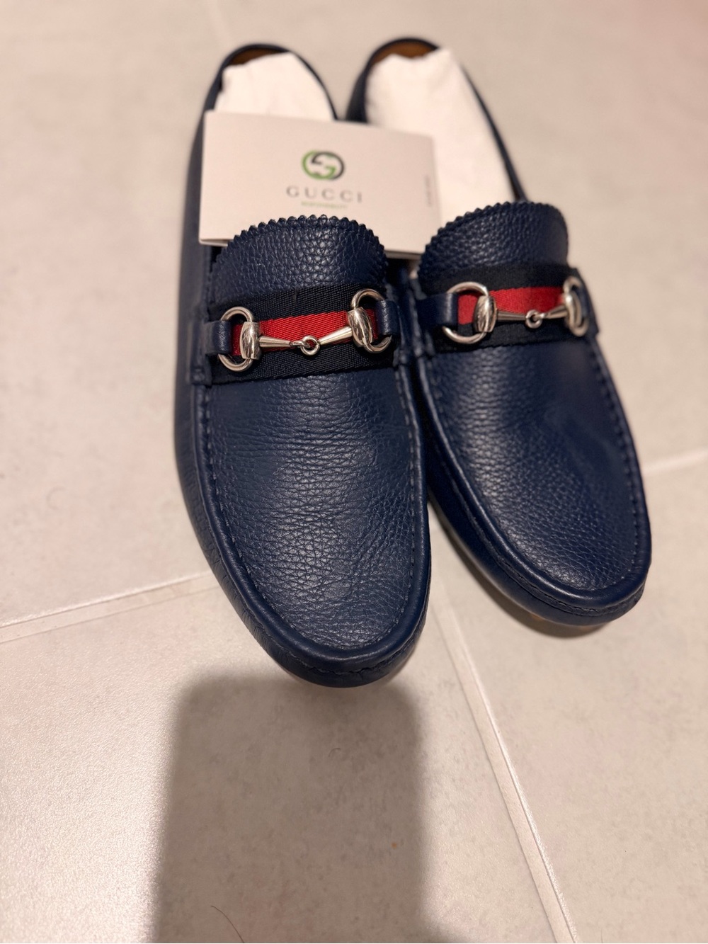 Gucci Navy Leather Horsebit Loafers with Red-Blue Web - Picture 2 of 3